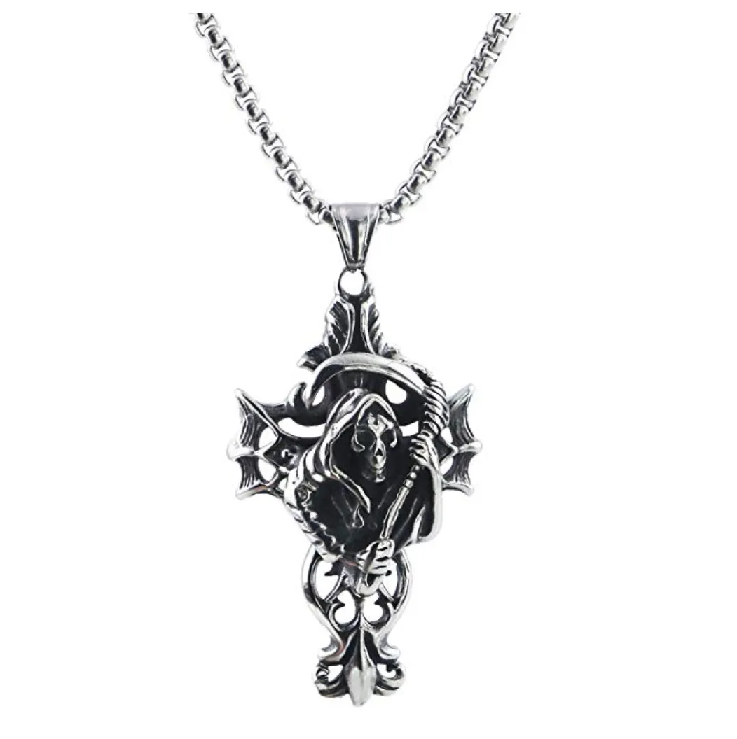 Stainless Steel Demon Grim Reaper Necklace Death Chain Gift Witch Devil Necklace Cross Scary Necklace 24in.