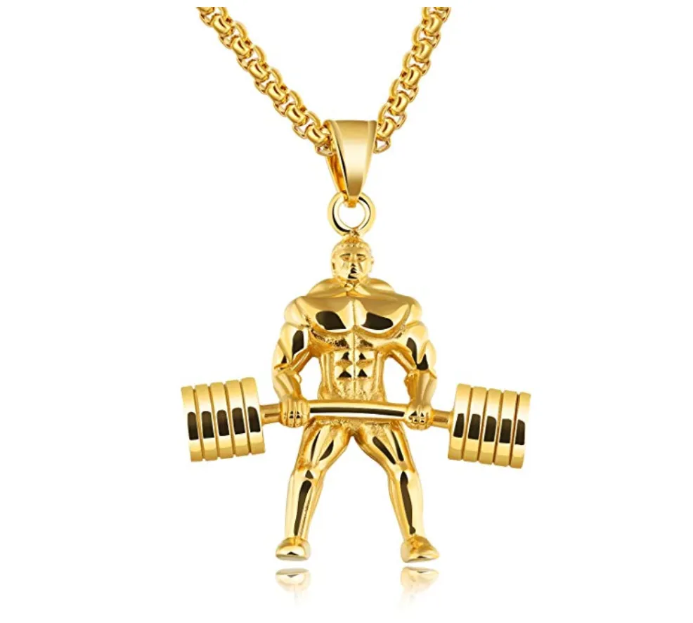 Strongman Gym Dumbbell Bodybuilding Necklace Exercise Workout Pendant Mr. Olympia Chain Gold Stainless Steel 24in.