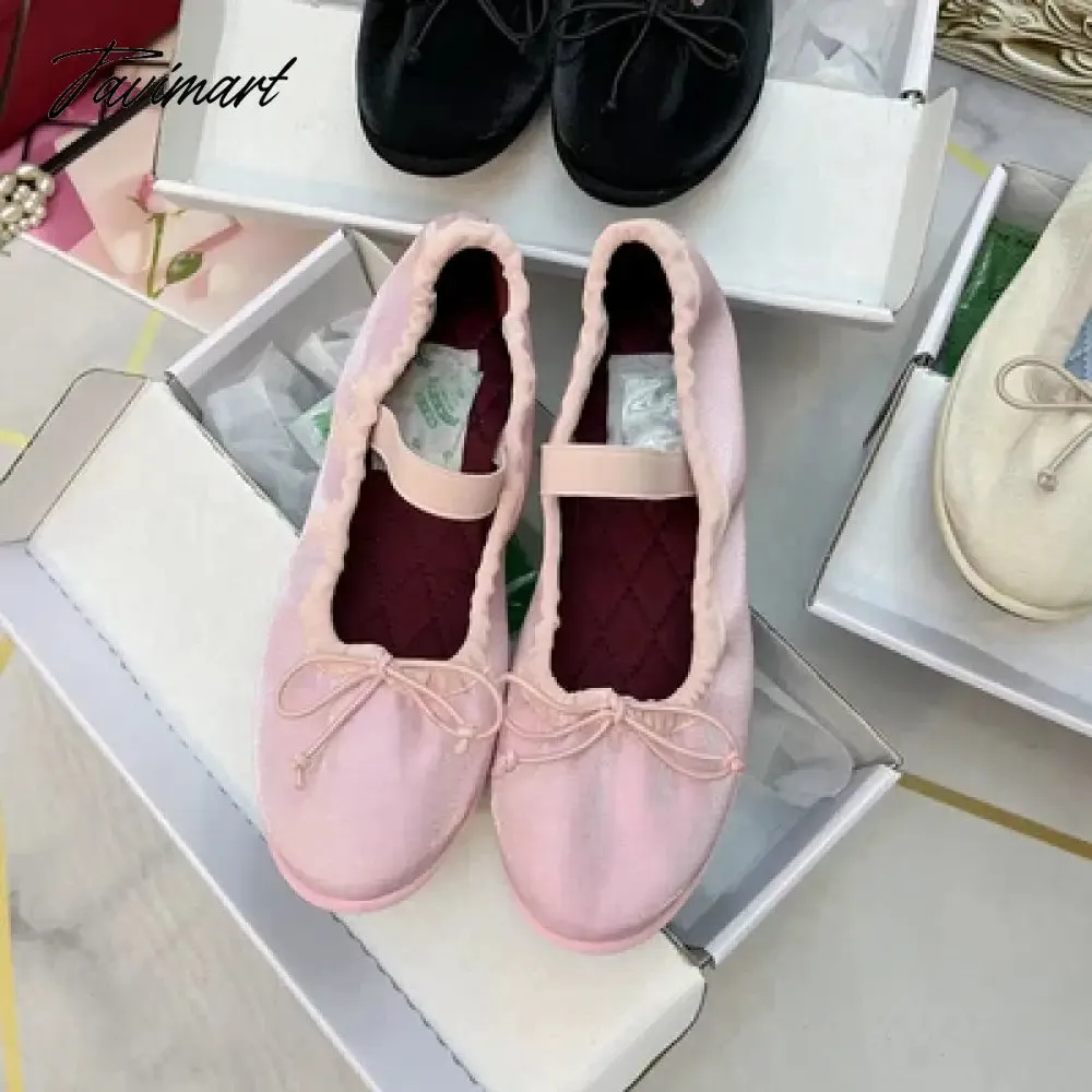 Tavimart Korea Flats Spring/Autumn Flats Women Shoes Fashion Mary Jane Shoes Round Toe Women's Shoes Bow Silk Satin Ballet Flats