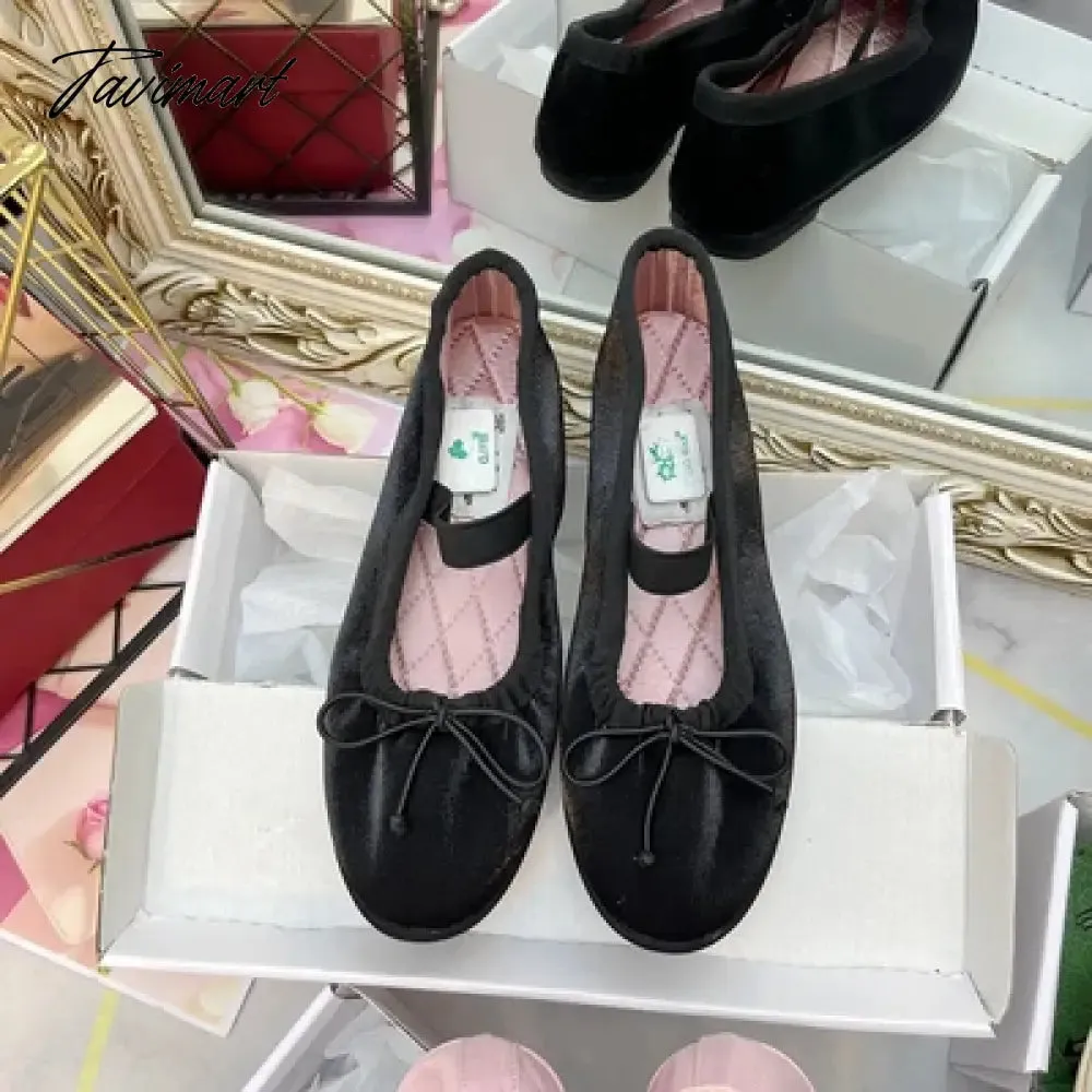 Tavimart Korea Flats Spring/Autumn Flats Women Shoes Fashion Mary Jane Shoes Round Toe Women's Shoes Bow Silk Satin Ballet Flats