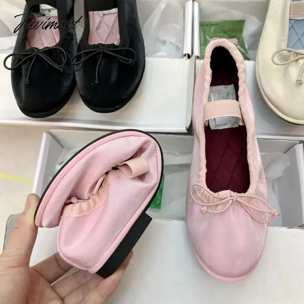 Tavimart Korea Flats Spring/Autumn Flats Women Shoes Fashion Mary Jane Shoes Round Toe Women's Shoes Bow Silk Satin Ballet Flats