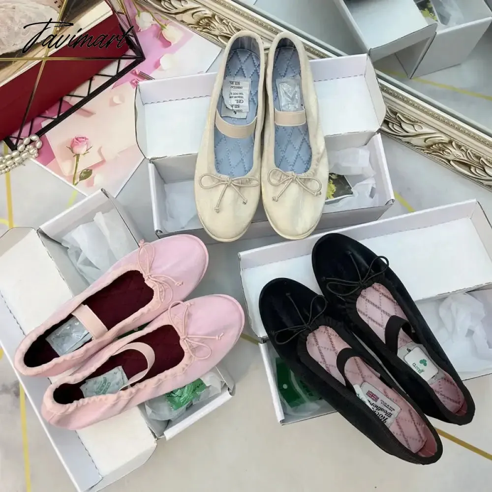 Tavimart Korea Flats Spring/Autumn Flats Women Shoes Fashion Mary Jane Shoes Round Toe Women's Shoes Bow Silk Satin Ballet Flats