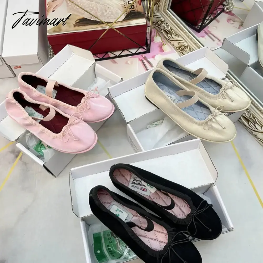 Tavimart Korea Flats Spring/Autumn Flats Women Shoes Fashion Mary Jane Shoes Round Toe Women's Shoes Bow Silk Satin Ballet Flats