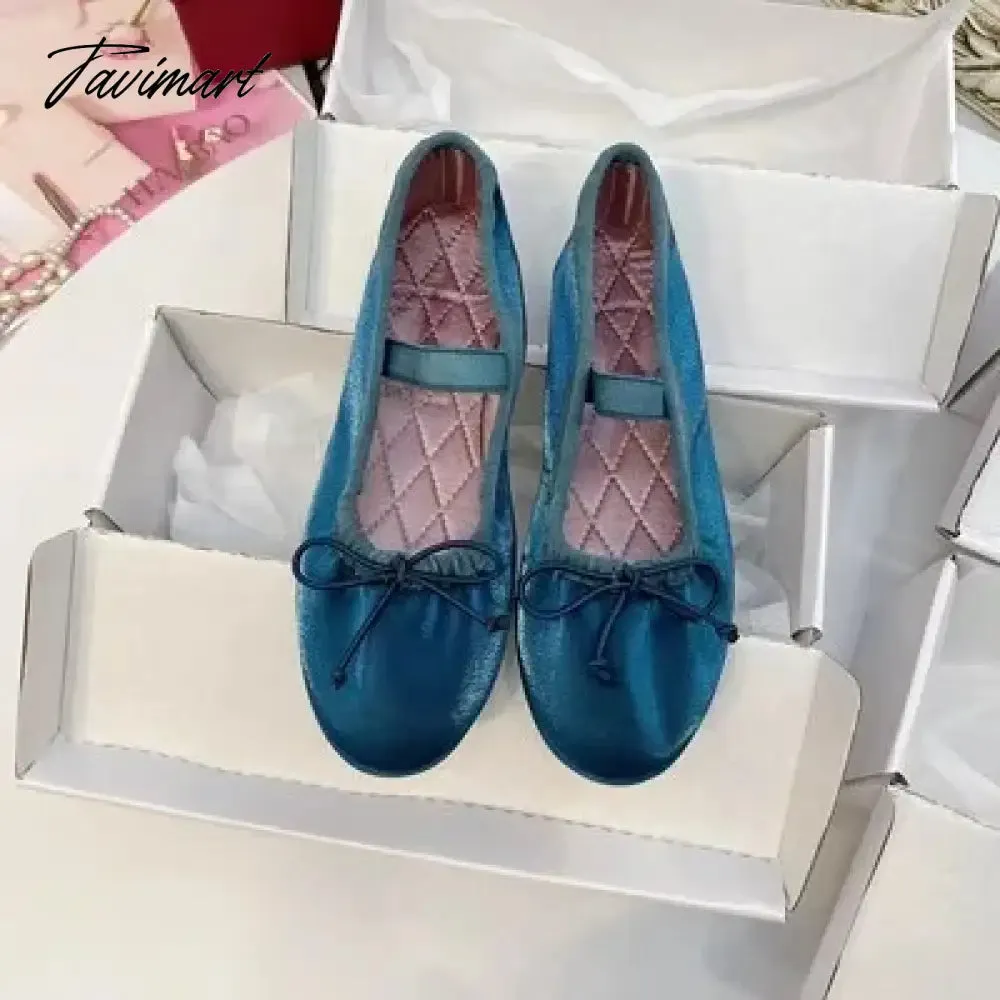 Tavimart Korea Flats Spring/Autumn Flats Women Shoes Fashion Mary Jane Shoes Round Toe Women's Shoes Bow Silk Satin Ballet Flats