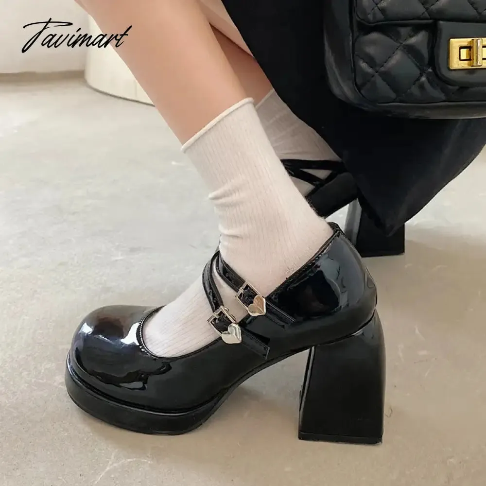 Tavimart New Patent Leather High Heels Pumps Women Double Buckle Ankle Strap Mary Jane Shoes Woman Platform Thick Heeled Party Shoes