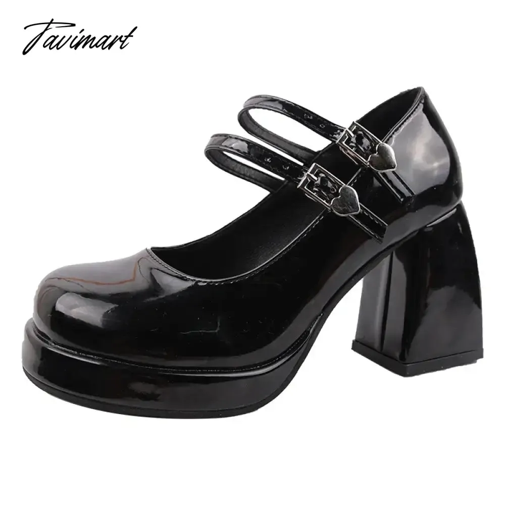 Tavimart New Patent Leather High Heels Pumps Women Double Buckle Ankle Strap Mary Jane Shoes Woman Platform Thick Heeled Party Shoes