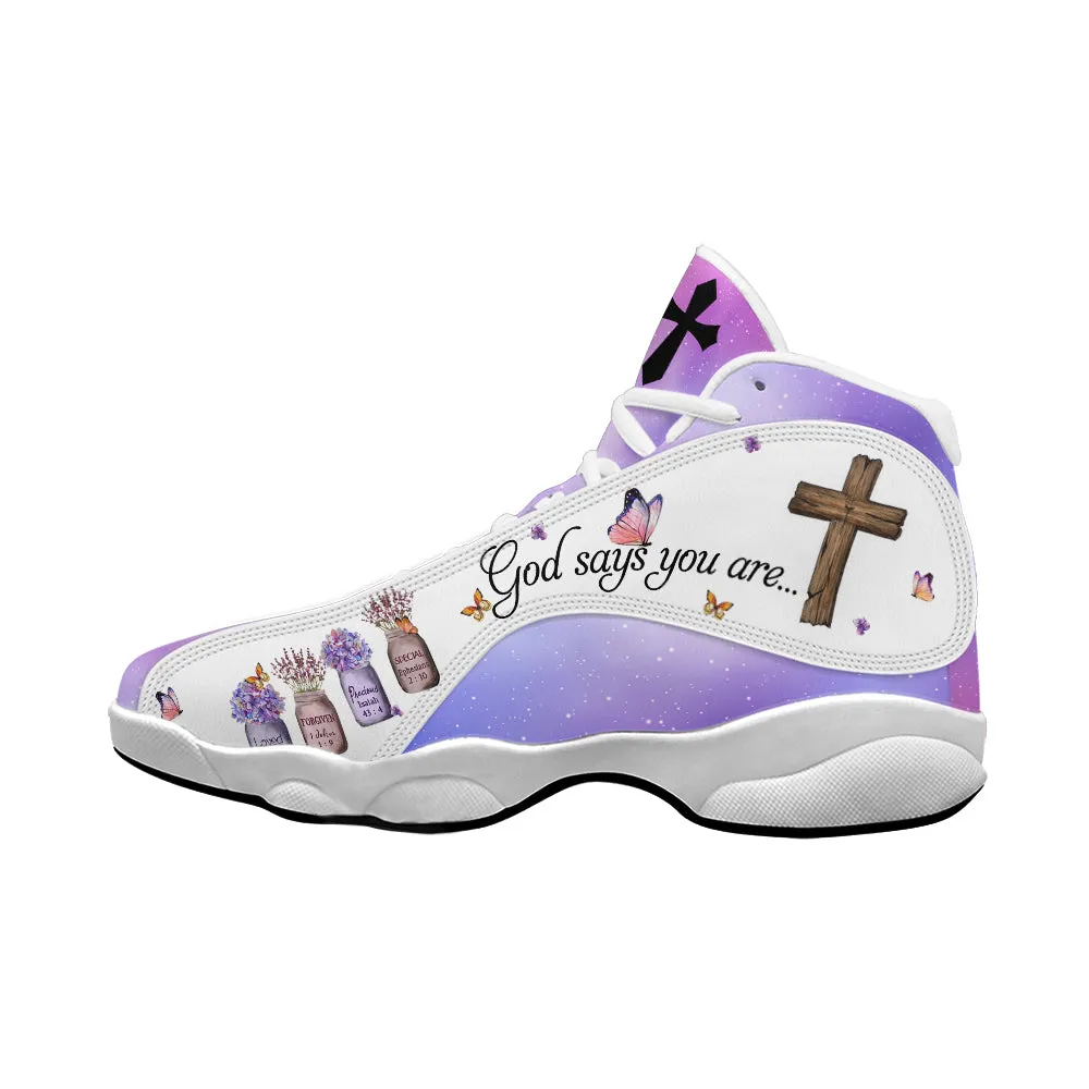 Teesdily | God Says You Are Basketball Shoes, Christian Cross Flowers Butterfly Jesus Running Shoes, Religious Gift For Mom