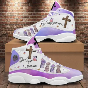 Teesdily | God Says You Are Basketball Shoes, Christian Cross Flowers Butterfly Jesus Running Shoes, Religious Gift For Mom