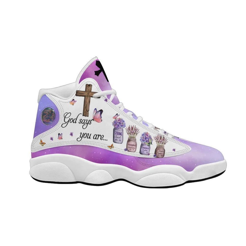 Teesdily | God Says You Are Basketball Shoes, Christian Cross Flowers Butterfly Jesus Running Shoes, Religious Gift For Mom