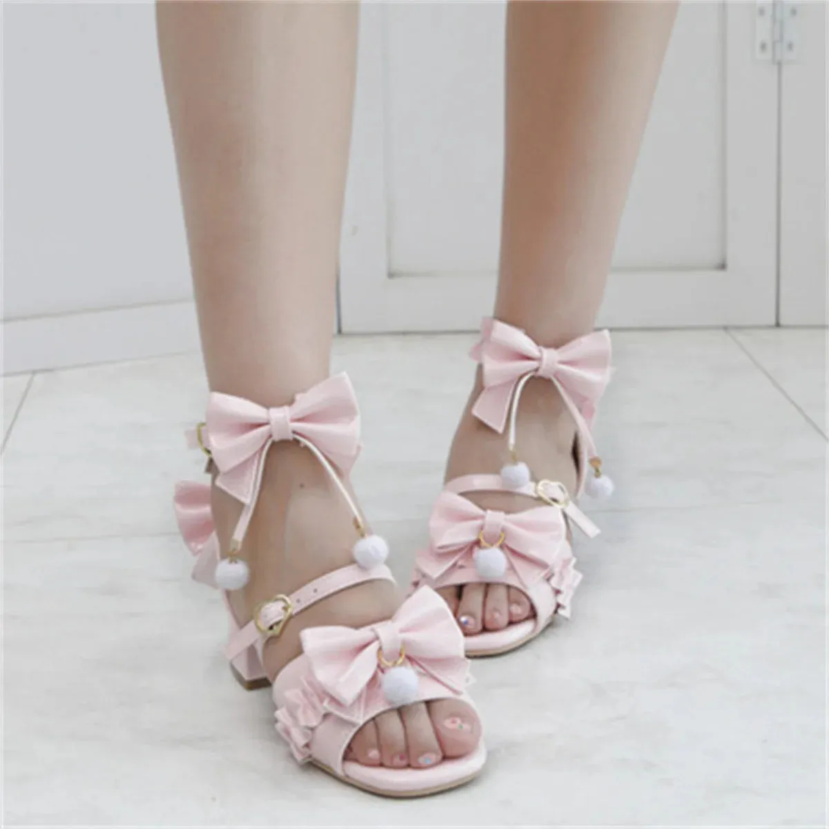 Uniwim Japanese Sweet Style Cosplay Lolita Girls Shoes Kawaii Lolita Bare Toes Bow Hair Ball Buckle Straps 3.8cm Low Heel PU Shoes