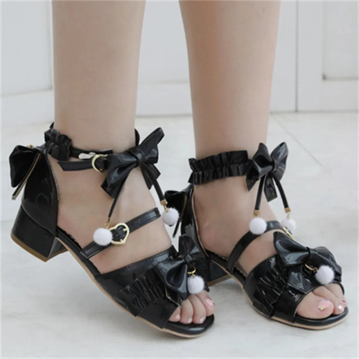 Uniwim Japanese Sweet Style Cosplay Lolita Girls Shoes Kawaii Lolita Bare Toes Bow Hair Ball Buckle Straps 3.8cm Low Heel PU Shoes