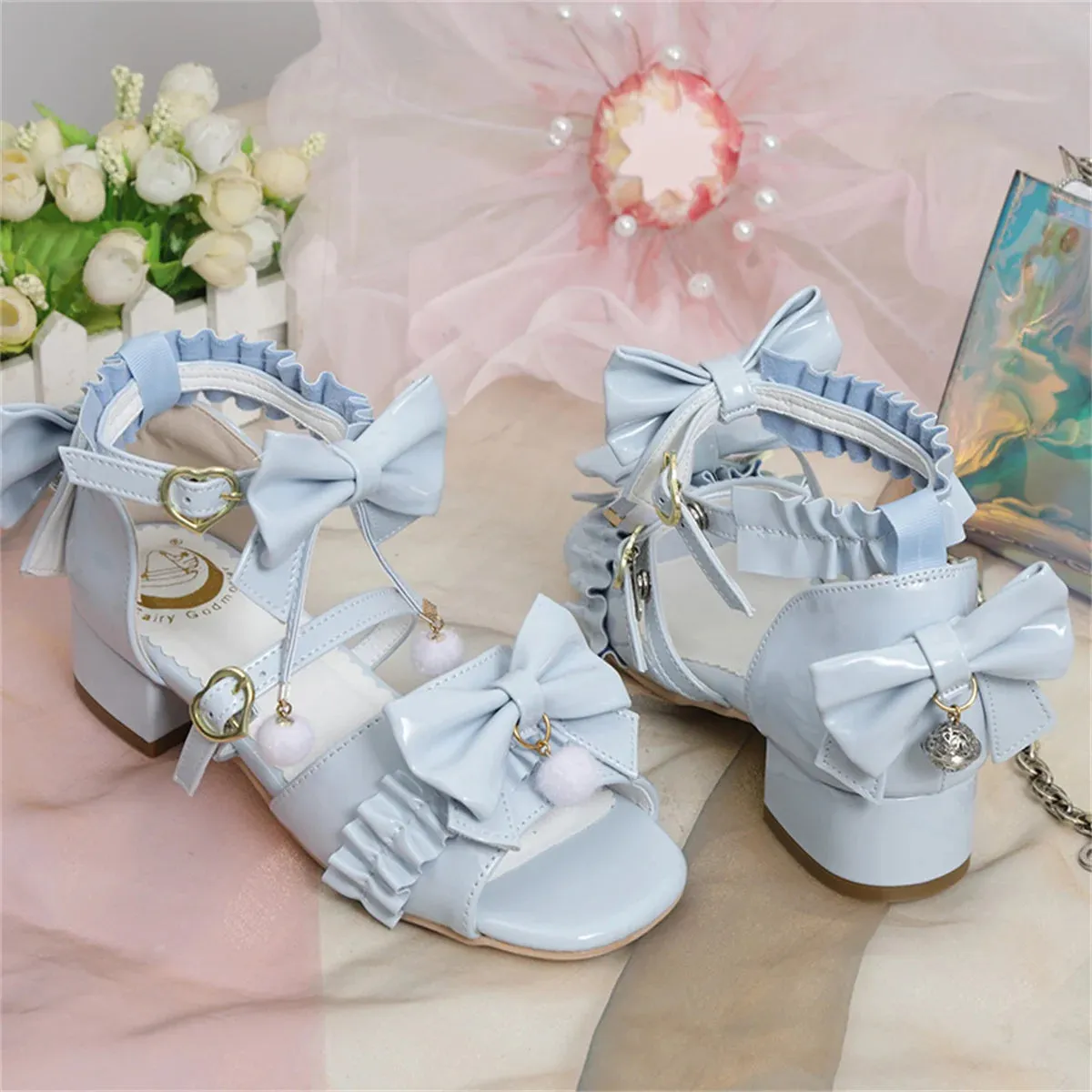 Uniwim Japanese Sweet Style Cosplay Lolita Girls Shoes Kawaii Lolita Bare Toes Bow Hair Ball Buckle Straps 3.8cm Low Heel PU Shoes