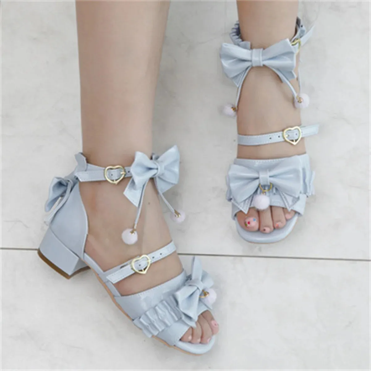 Uniwim Japanese Sweet Style Cosplay Lolita Girls Shoes Kawaii Lolita Bare Toes Bow Hair Ball Buckle Straps 3.8cm Low Heel PU Shoes