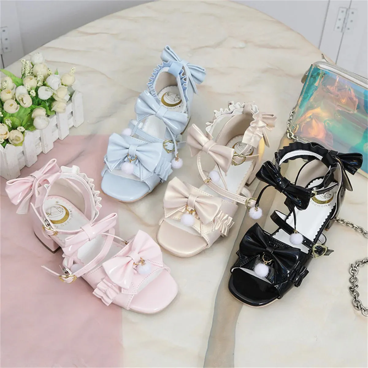 Uniwim Japanese Sweet Style Cosplay Lolita Girls Shoes Kawaii Lolita Bare Toes Bow Hair Ball Buckle Straps 3.8cm Low Heel PU Shoes