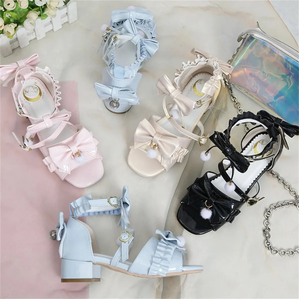 Uniwim Japanese Sweet Style Cosplay Lolita Girls Shoes Kawaii Lolita Bare Toes Bow Hair Ball Buckle Straps 3.8cm Low Heel PU Shoes