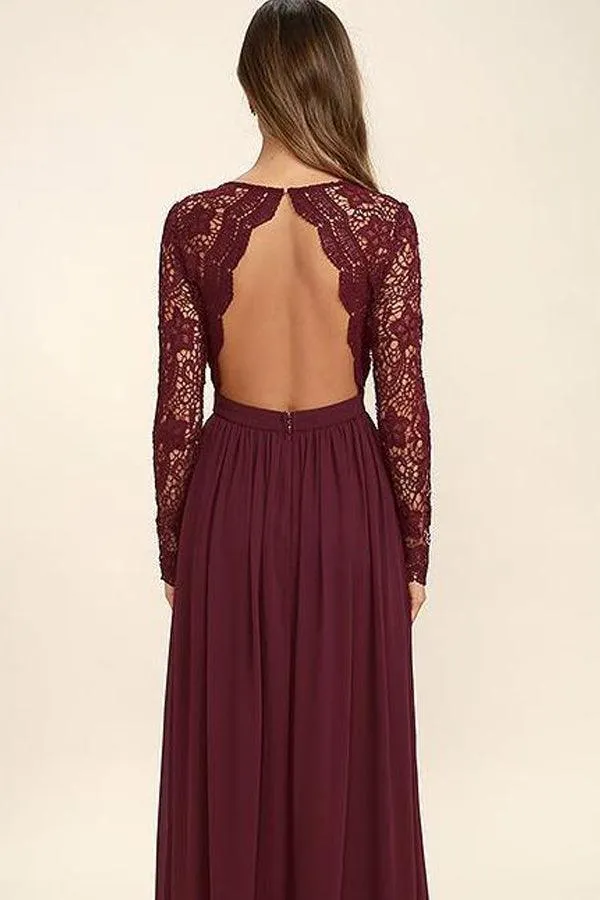 V-neck Long Sleevs Dark Burgundy Lace Chiffon Prom Dress Evening Dress PG409