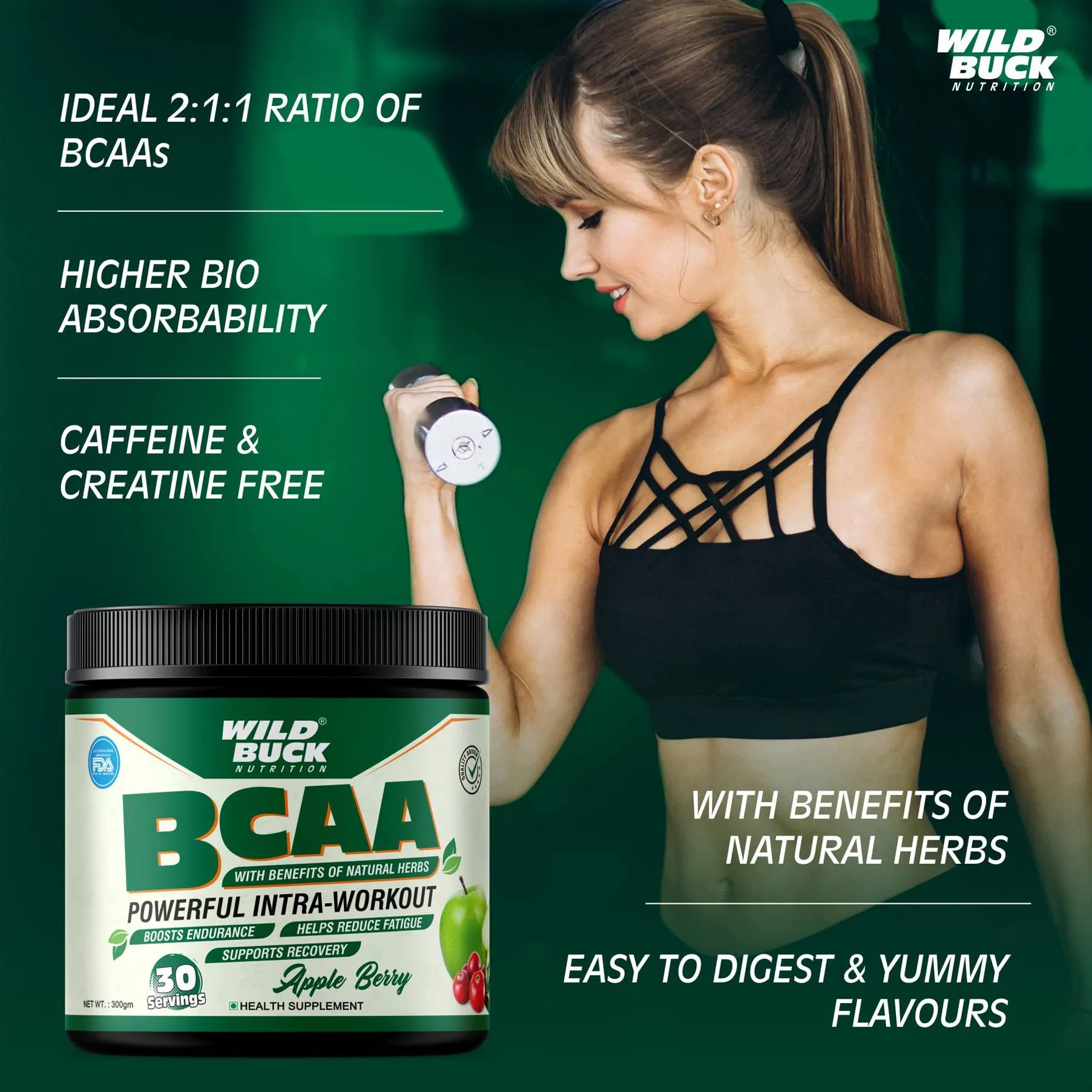 WILD BUCK Bcaa Powder With Natural & Powerful Herbs For Muscle Endurance & Growth, Recovery & Hydration|Pre, Intra & Post Workout Bcaas Supplement For Women & Men [Apple Berry, 30 Servings, 300G]