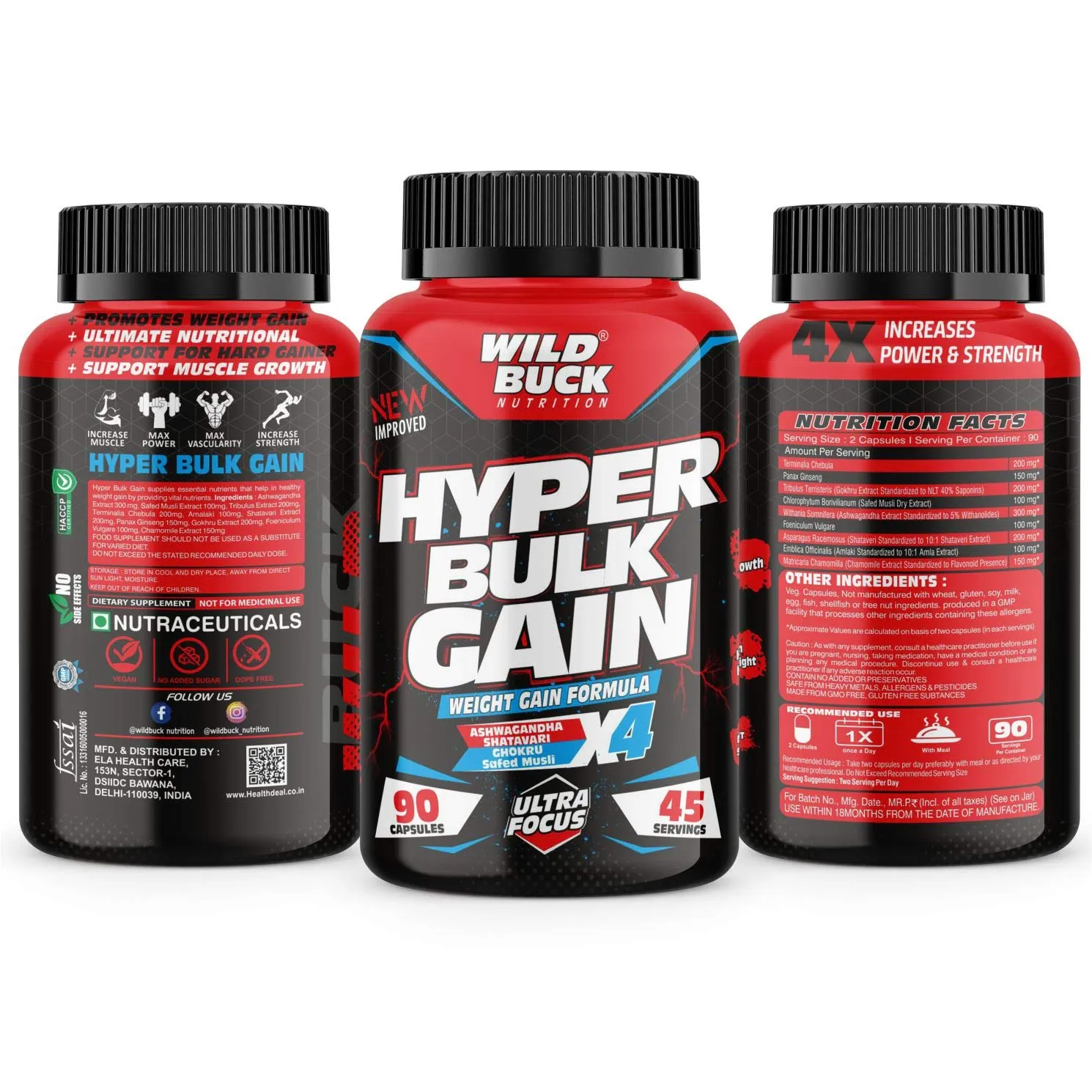 Wild Buck Hyper Bulk Gain Mass & Weight Gainer Capsule for Fast Weight & Muscle Gain, Daily Muscle Building Weight Lifters Supplement for Muscle Growth, Stamina & Strength, For Men & Women- 90 Cap.