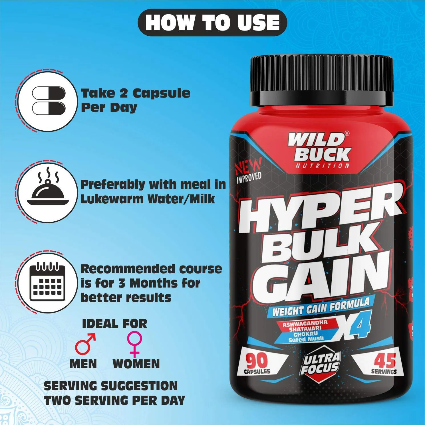 Wild Buck Hyper Bulk Gain Mass & Weight Gainer Capsule for Fast Weight & Muscle Gain, Daily Muscle Building Weight Lifters Supplement for Muscle Growth, Stamina & Strength, For Men & Women- 90 Cap.