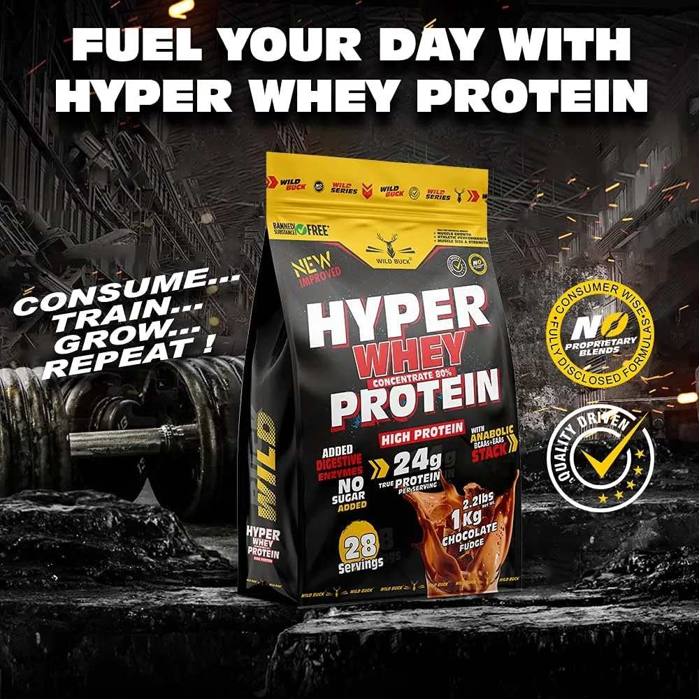 WILD BUCK Hyper Whey Protein Concentrate 80%, 24g High Protein, 6g BCAA, 6g EAA | Muscle-Building Whey Protein Powder | Sports Drink for Recovery & Muscle Growth | Men & Women | 100% Muscle Building Whey Protein [1kg, Chocolate Fudge] with Shaker