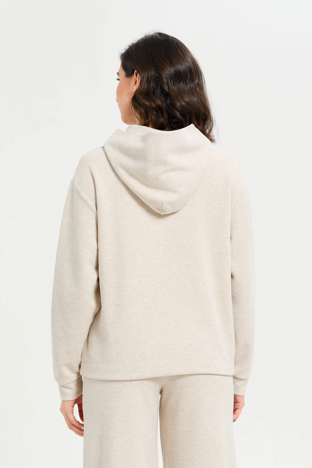 Women Beige Knitted Hooded Sweatshirt