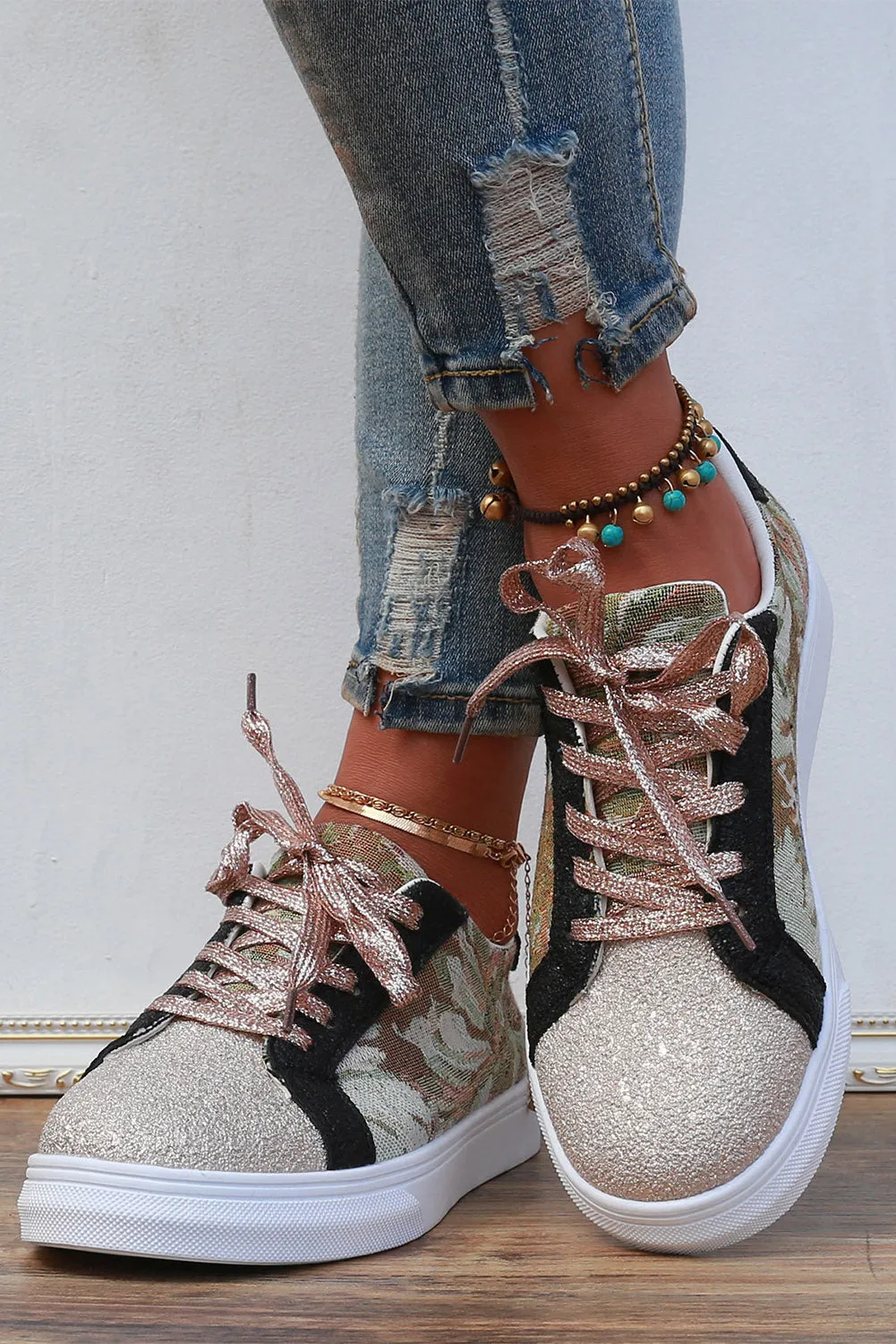 Women's Camo Patchwork Sequin Lace-Up Sneakers