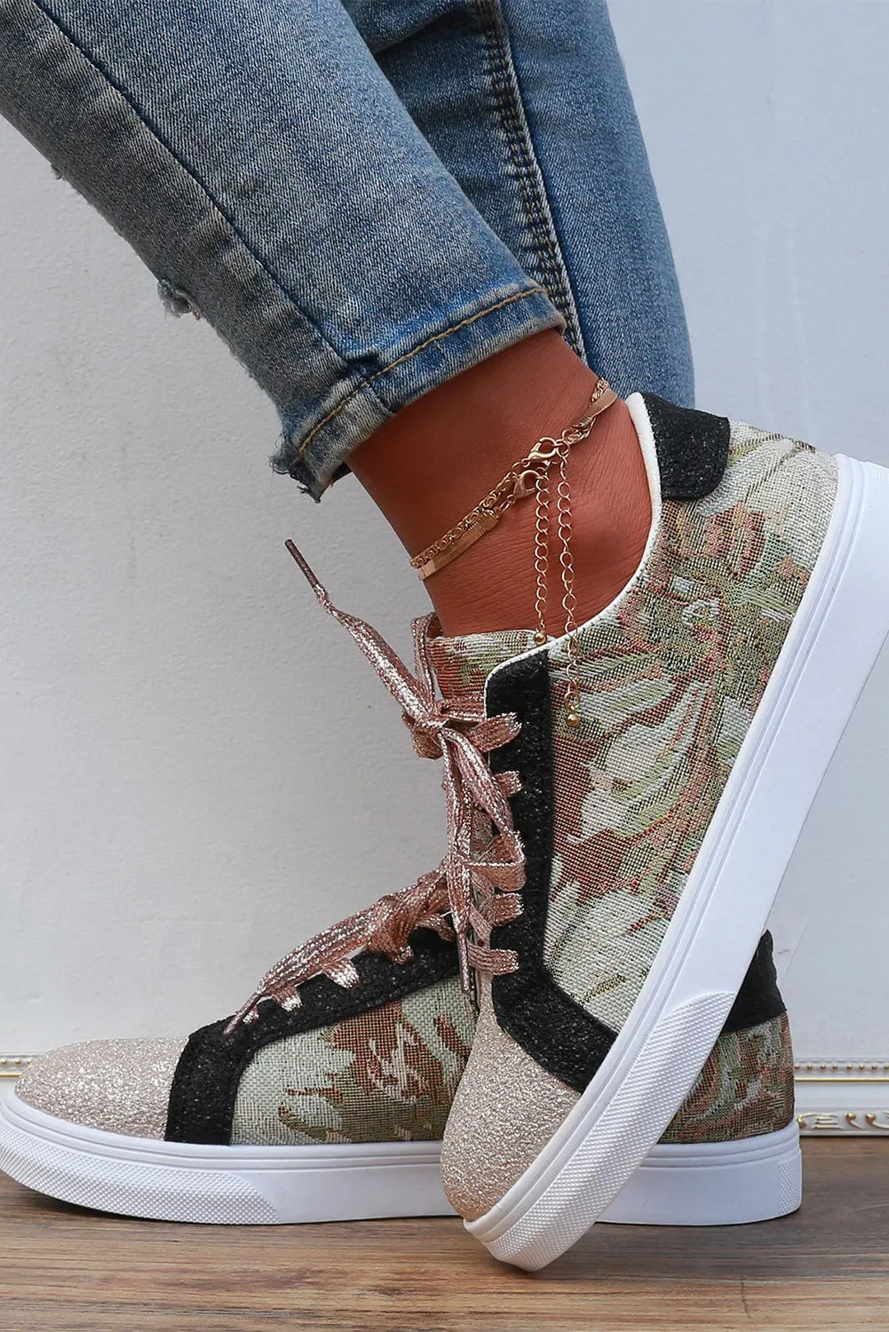 Women's Camo Patchwork Sequin Lace-Up Sneakers