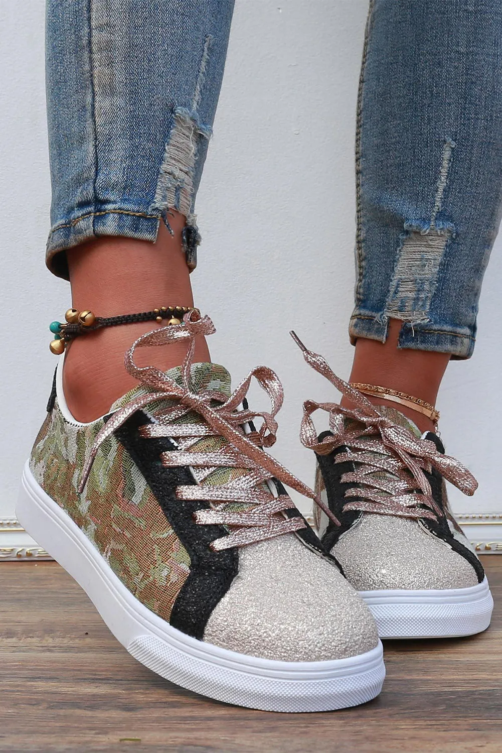 Women's Camo Patchwork Sequin Lace-Up Sneakers