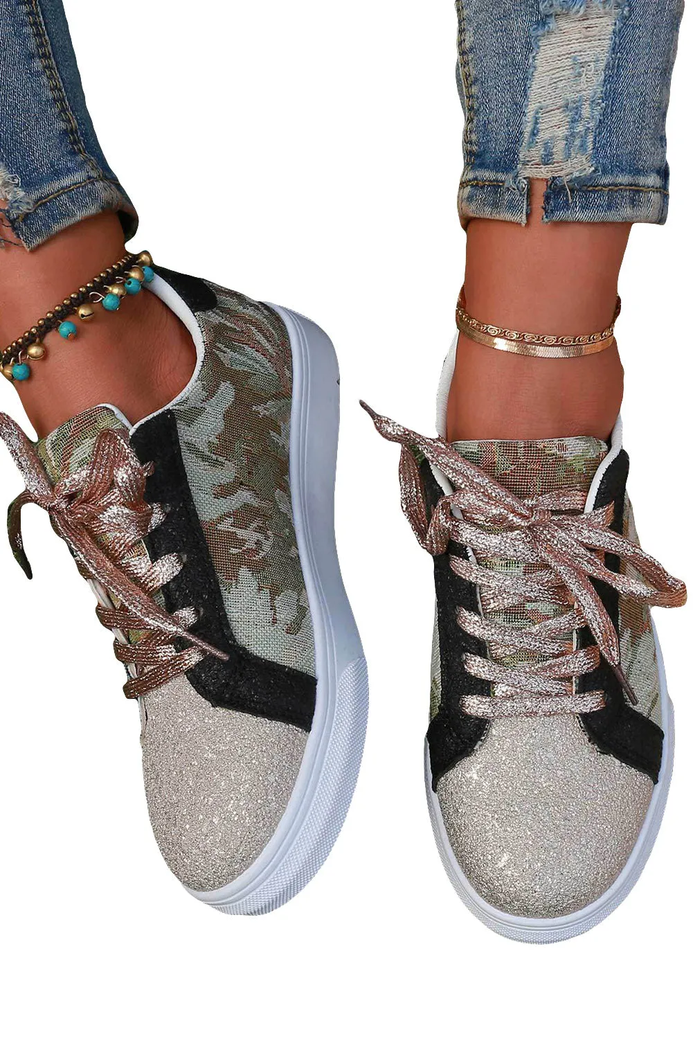 Women's Camo Patchwork Sequin Lace-Up Sneakers