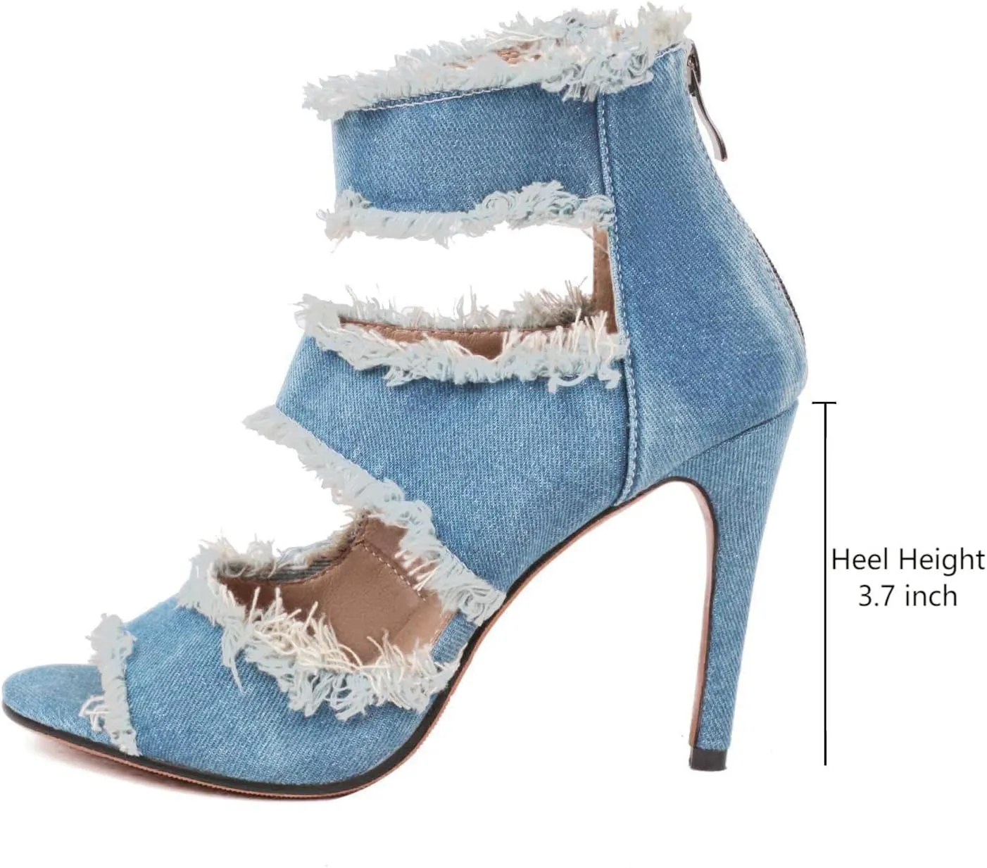 Women‘S Denim Heels Ankle Strap Peep Toe Heeled Sandals