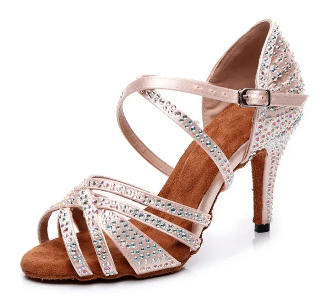 Womens Latin Dance Shoes Light Pink Rhinestone Salsa Shoes