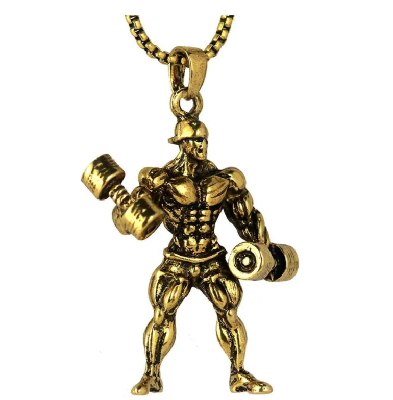 Workout Man Chain Stainless Steel Dumbbell Bodybuilding Mr. Olympia Gym Necklace Weight Plate Barbell Exercise 24in.