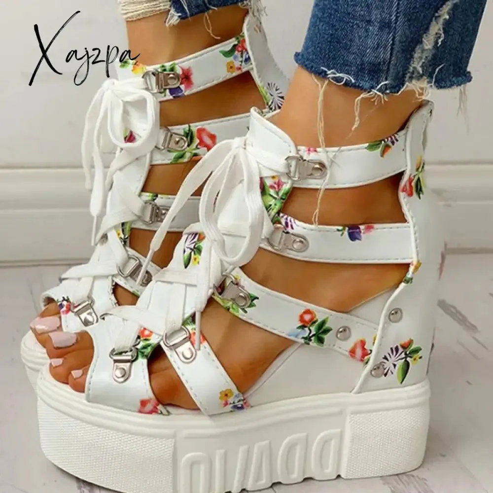 Xajzpa - INS Hot Print Leisure Wedges Women's Shoes Summer Shoes Women Sandals Platform Shoelaces High Heels Casual Shoes Woman