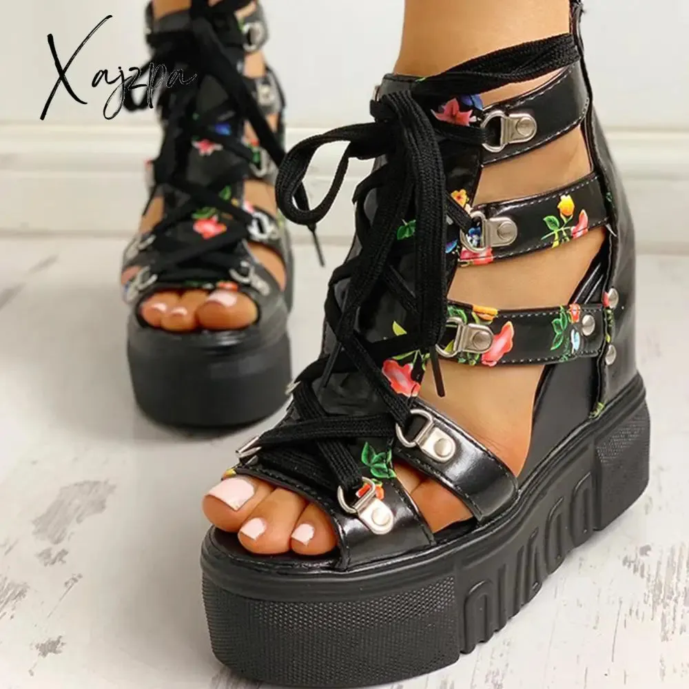 Xajzpa - INS Hot Print Leisure Wedges Women's Shoes Summer Shoes Women Sandals Platform Shoelaces High Heels Casual Shoes Woman