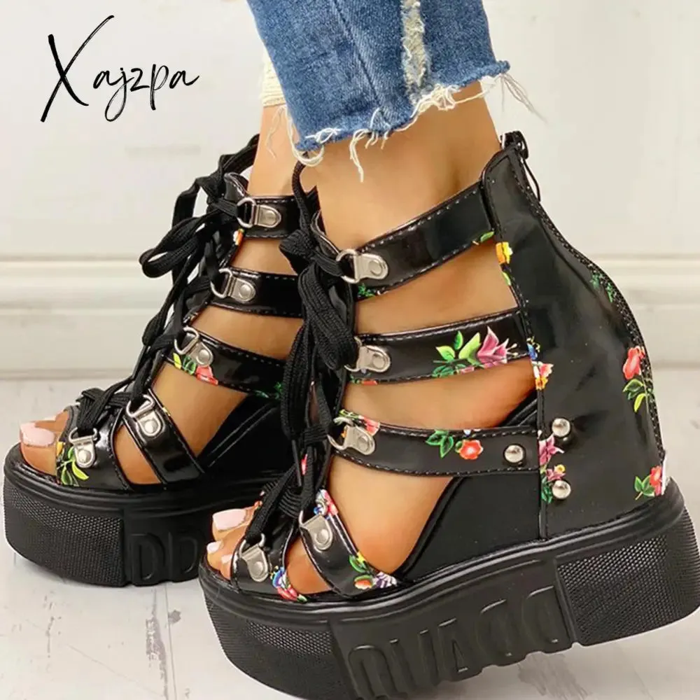 Xajzpa - INS Hot Print Leisure Wedges Women's Shoes Summer Shoes Women Sandals Platform Shoelaces High Heels Casual Shoes Woman