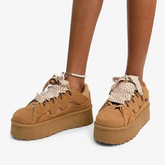 ZADE Chestnut Tan Faux Suede Platform Sneaker - Low Top - Lace Up